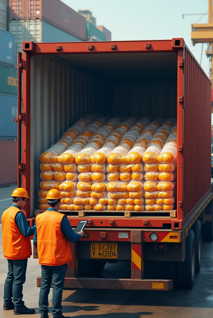 Make an image of a large container that is carrying cargo full of small fruit that is wrapped in plastic and organized and that they are inspecting the container to see that it does not have drugs.