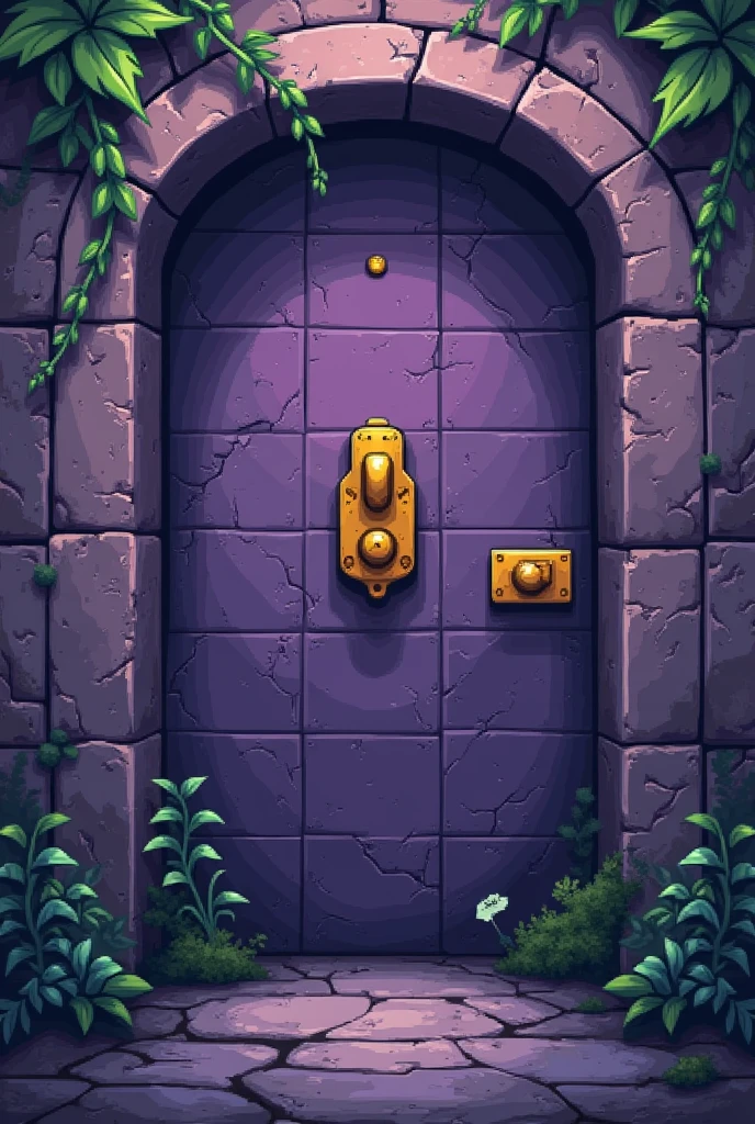 Generates a purple wall with traces of antiquity and vegetation in the middle there is a yellow lever. All this with a video game-like pixelated style similar to the visual style of Undertale.