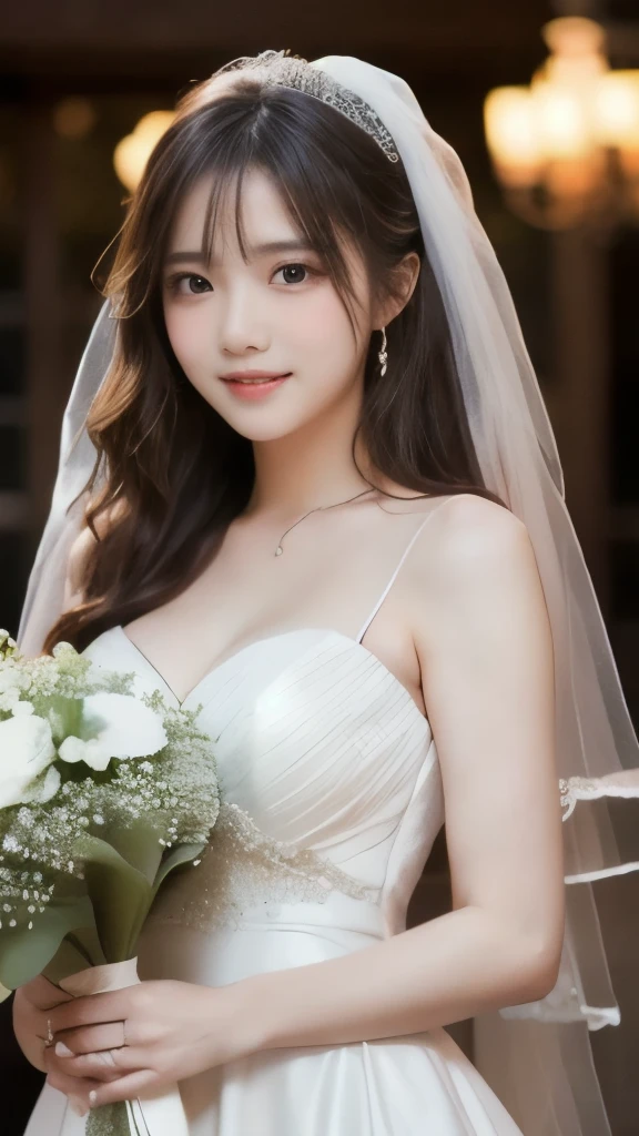 8k,Highest quality,(masterpiece:1.2),(Realistic),(Realistic:1.37),Ultra-high resolution,1 female college student,smile,Beautiful Eyes,holding the bouquet with both hands,Wedding hall,(((Wedding dress))),Big Breasts,Perfect body,Perfect Fingers,Professional Lighting,gravure,Detailed face and skin texture,fine grain,RAW Photos