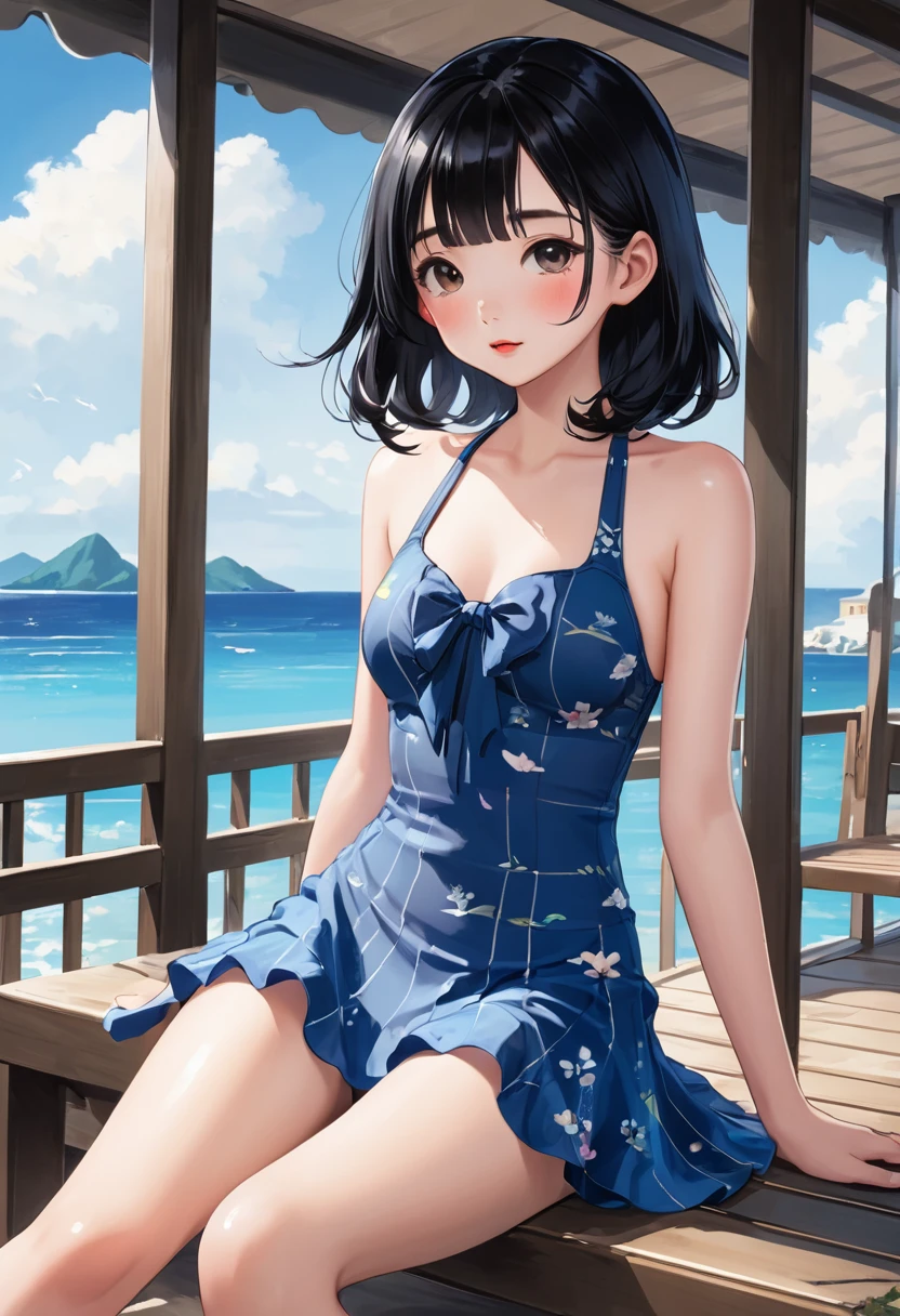 Highest quality、Swimwear、dress、skirt、Sitting with knees up、Black Hair、Childish feeling、With legs apart、front、