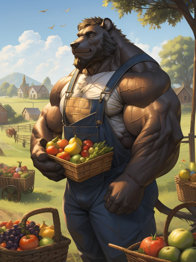 (best quality,4k,8k,highres,masterpiece:1.2),ultra-detailed,(realistic,photorealistic,photo-realistic:1.37),massive muscular, hyper muscular, bodybuilder, pectoal, thick arms, hyperc pec, huge muscular furry bull,old,white bearded,working as farmer,fruits,old man,illustration,textured painting,dramatic lighting,vibrant colors,farm landscape,weathered skin,wrinkles,leather overalls,baskets of fresh fruits,green fields,farmhouse in the background,bushy eyebrows,strong arms,weathered hands,haystacks,cart packed with vegetables,fertile soil,hardworking expression,crows flying in the sky,lush vegetation,scenic countryside,sun-kissed,grizzled hair,cracked ground,bountiful harvest.