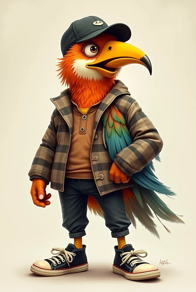 You can believe the character the crazy bird wearing a brown plaid shirt,a black pants,black tennis shoes and a black cap