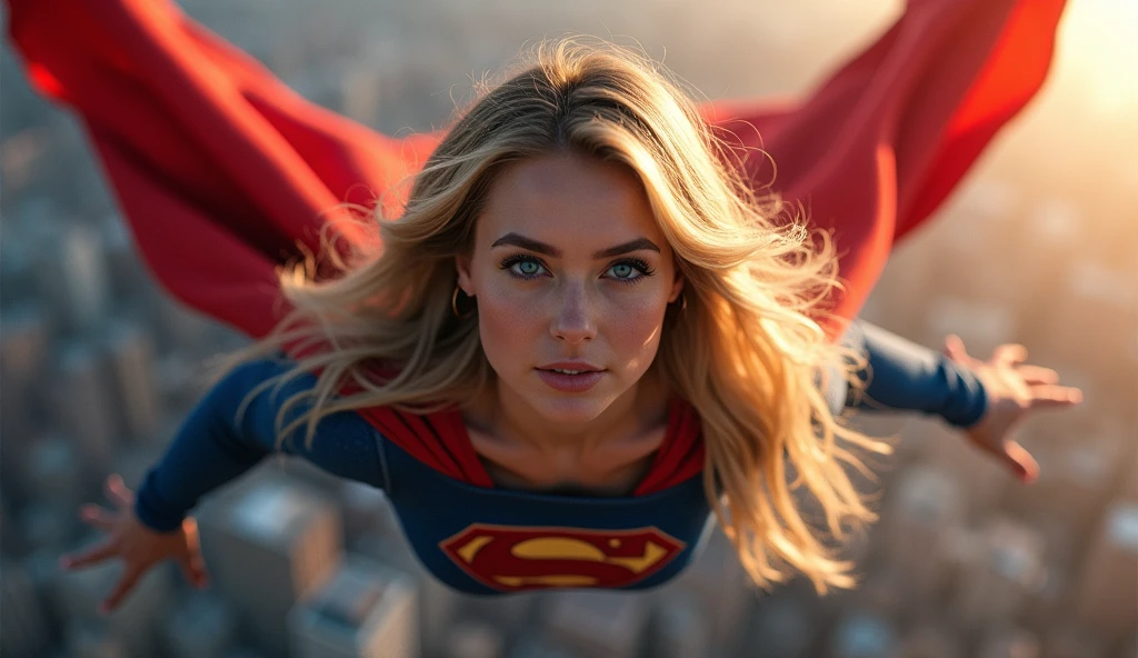 broad vision; supergirl by John Byrne,1girl,beautiful detailed eyes,beautiful detailed lips,extremely detailed face and skin,long eyelashes,long blonde hair,heroic pose,red and blue costume,flying,dynamic action,cinematic lighting,dramatic colors,epic scene,digital painting,concept art,8k,photorealistic,highly detailed,masterpiece