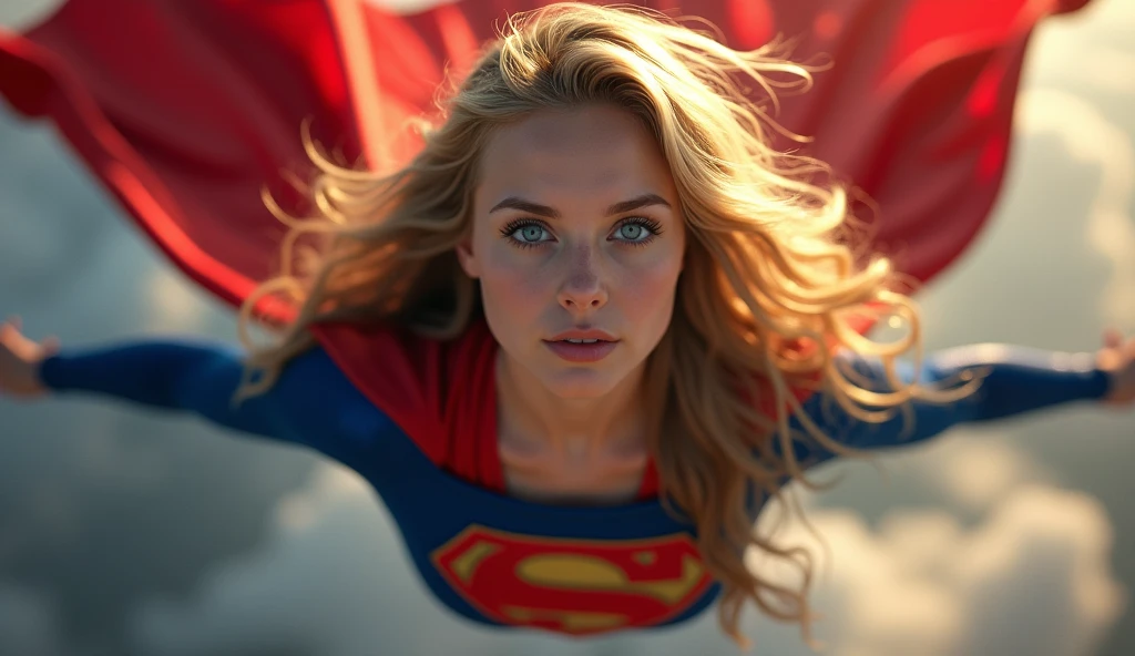 broad vision; supergirl by John Byrne,1girl,beautiful detailed eyes,beautiful detailed lips,extremely detailed face and skin,long eyelashes,long blonde hair,heroic pose,red and blue costume,flying,dynamic action,cinematic lighting,dramatic colors,epic scene,digital painting,concept art,8k,photorealistic,highly detailed,masterpiece