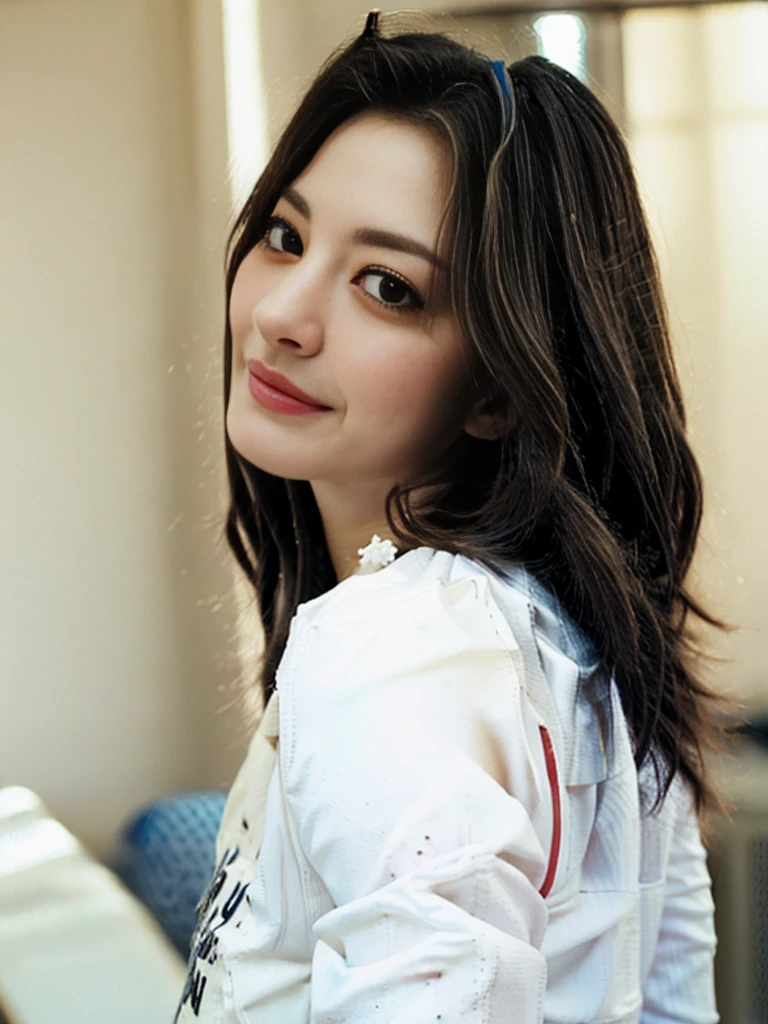 a Close-up portrait of young gorgeous smiling cute Japanese woman in a glamorous laced dress outfit, 21yo, delicate facial features, porcelain-skinned, realistic photo, real human texture skinned, bangs, a fusion of young Marion Cotillard's striking eyes and young Anne Hathaway's introspective gaze, long and slender cute face, curved eyebrows, droopy hooded eyes, lowest nasal bridge, slimmed wavy nose, smiling, thin lips, silhouette, bokeh, morning light window, depth of field, photo, film,