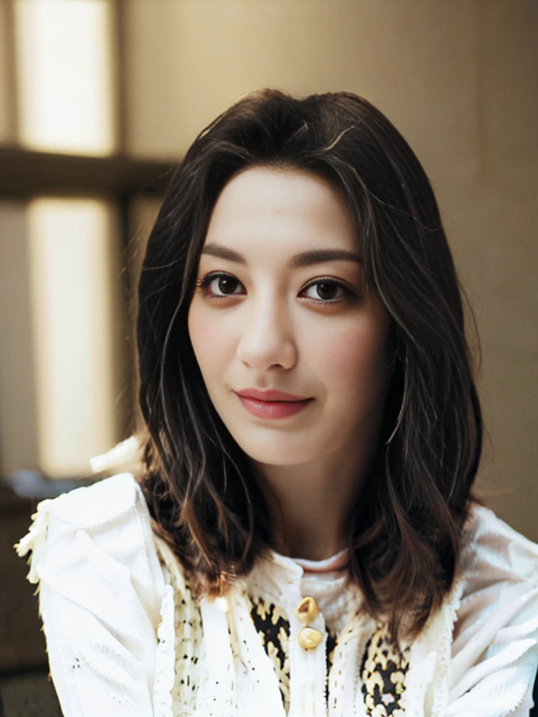 a Close-up portrait of young gorgeous smiling cute Japanese woman in a glamorous laced dress outfit, 21yo, delicate facial features, porcelain-skinned, realistic photo, real human texture skinned, bangs, a fusion of young Marion Cotillard's striking eyes and young Anne Hathaway's introspective gaze, long and slender cute face, curved eyebrows, droopy hooded eyes, lowest nasal bridge, slimmed wavy nose, smiling, thin lips, silhouette, bokeh, morning light window, depth of field, photo, film,