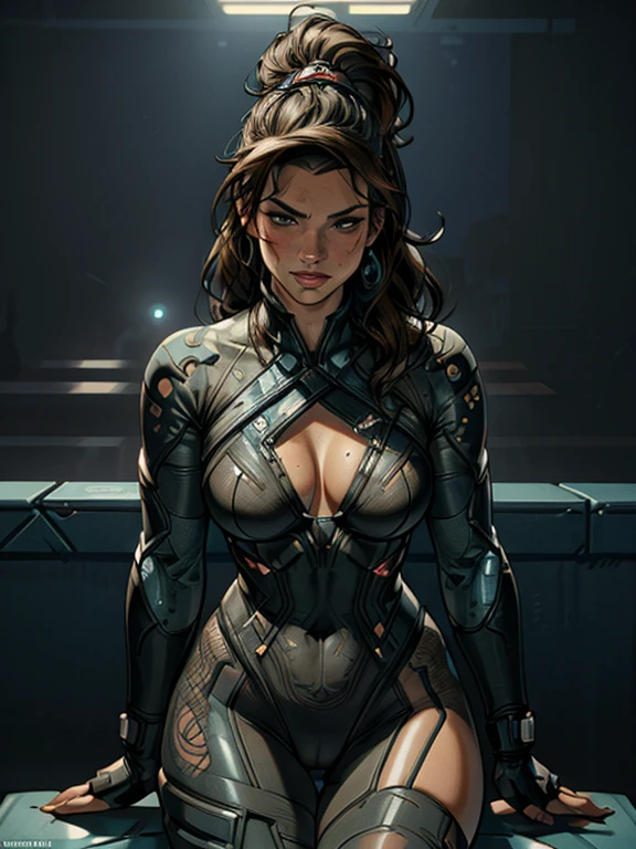 Detailed portrait cyberpunk (Gina Carano) (sks woman) (40 year old sks woman), futuristic neon reflective wear, sci-fi, robot parts, ismail inceoglu dragan bibin hans thoma greg rutkowski alexandros pyromallis nekro rene margitte illustrated, perfect face, round breasts, wide hips, ((tattoo)), brunette (long hair),, matte skin, pores, wrinkles, cameltoe, hyperdetailed, hyperrealistic,, Moody Lighting, Hasselblad Award Winner, Soft Diffuse Lighting, Smirk,, machine face, fine details, realistic shaded, intricate, elegant, dominatrix