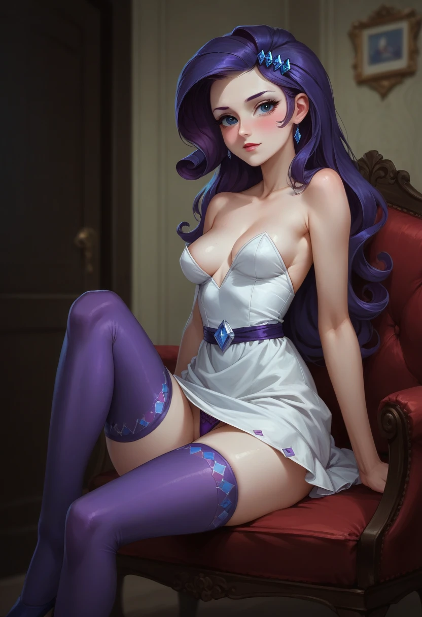 Rarity from the movie "Equestria girls from mlp", seductive look, flushed, looking at the viewer, bare breasts, in a room, White dress, purple thigh-high stockings, league in each half, sexy purple thong, White skin, sitting, orders.