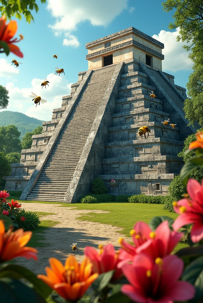 image of the mayan pyramid, The great jaguar, with realistic bees and flowers for a label