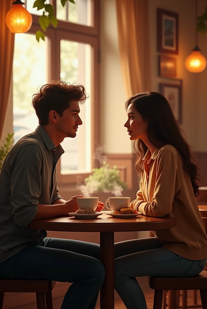Meeting at the Café
Prompt: A cozy, stylish café with a warm ambiance. A young couple is meeting for the first time, both looking a bit nervous but excited. They are sitting at a small table with coffee cups and a few pastrie