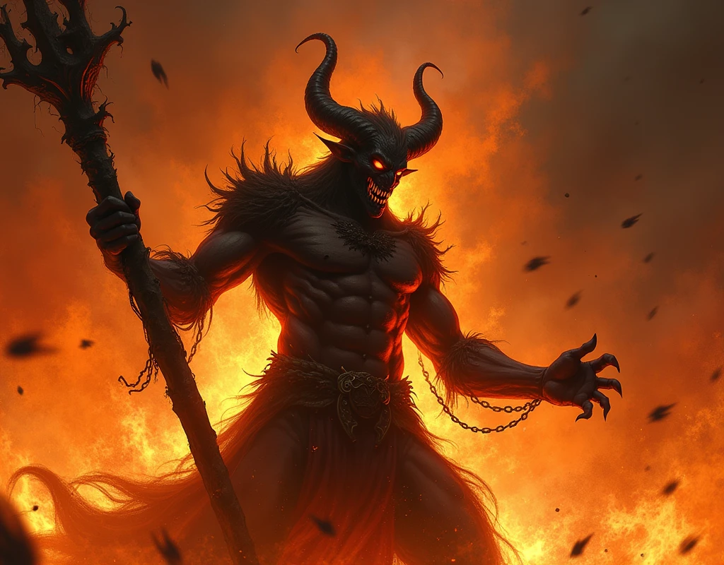 We need an image in which a devil is holding a stick with both his hands and fire is burning all around.