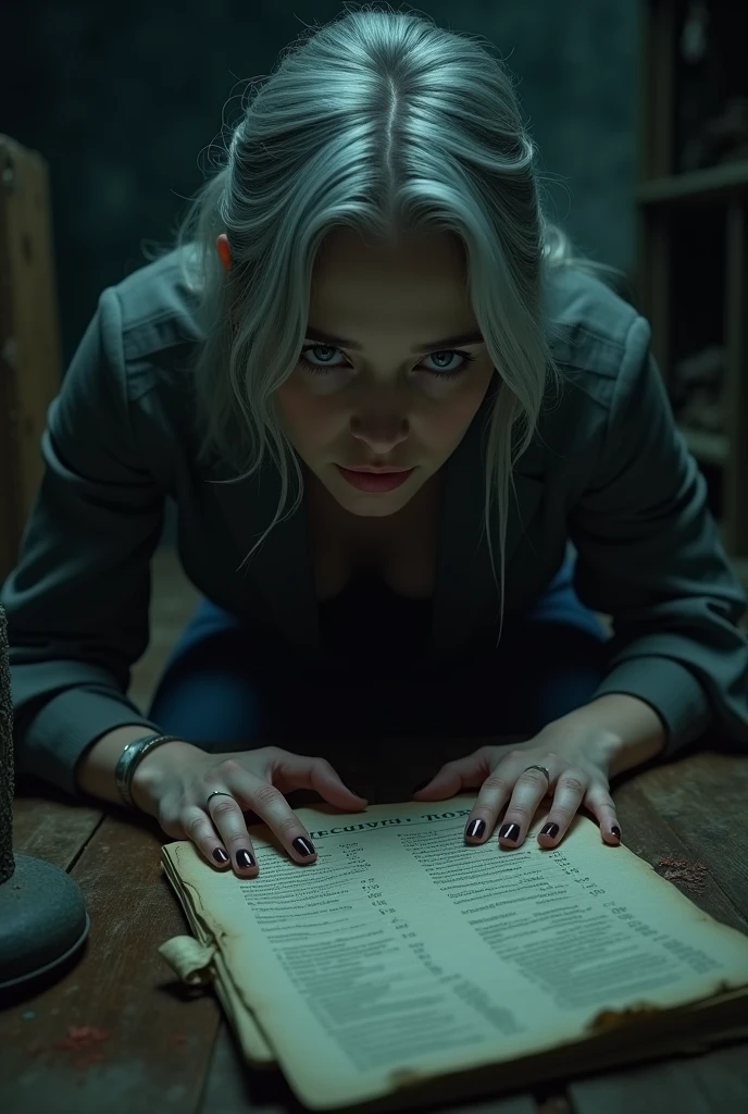 Ai 3D Women in the attic at night with blue eyes and sliver hairWith trembling hands,  slowly lifted the plank and uncovered a hidden stash of her father and stepmother’s account books. The pages revealed chilling secrets: