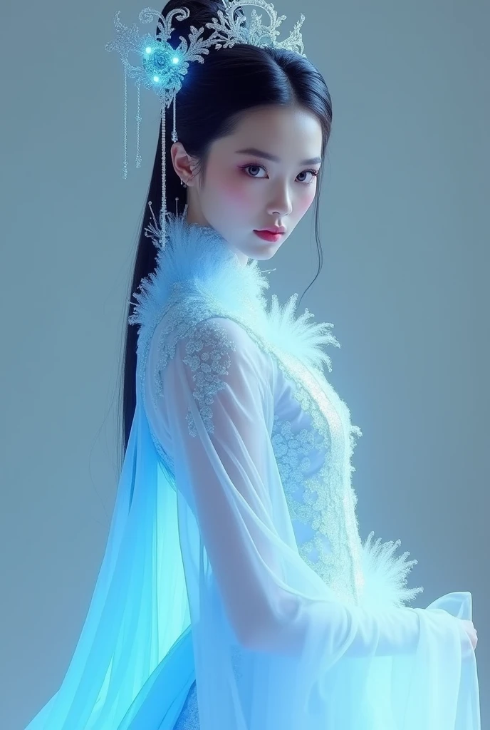 (Full Body), A luminous Chinese beauty (Dilraba Dilmurat) from ancient dynasties (221 BCE - 220 CE) stands majestically against a neutral background, her vibrant white-blue twotone Wuxia attire radiating an otherworldly aura. David Lachapelle's lens captures the frozen moment of her polished body, Si-fi graphics luminescent attire, and captivating gaze meeting the camera with unflinching intensity. reflected light liquid metal fabric attire, 8K resolution reveals razor-sharp features, high-contrast details, and Traditional Chinese hairstyles, while a subtle sheen on her lips hints at the application of Traditional lipstick, spiritual cosmic to realistic, reflected light Glass hair pin 