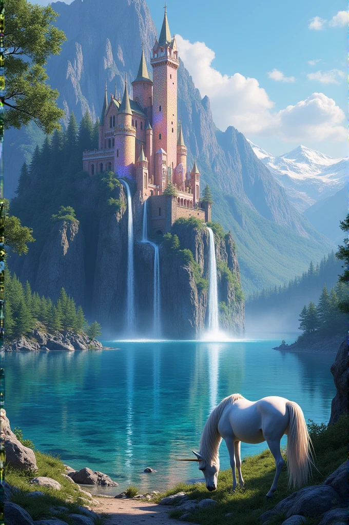 An enchanted castle built into the side of a mountain, with waterfalls flowing down its towers into a crystal-clear lake below. The castle is made of a shimmering, translucent material that catches the light, creating a kaleidoscope of colors. In the foreground, a unicorn grazes by the lake, its mane sparkling like stardust.