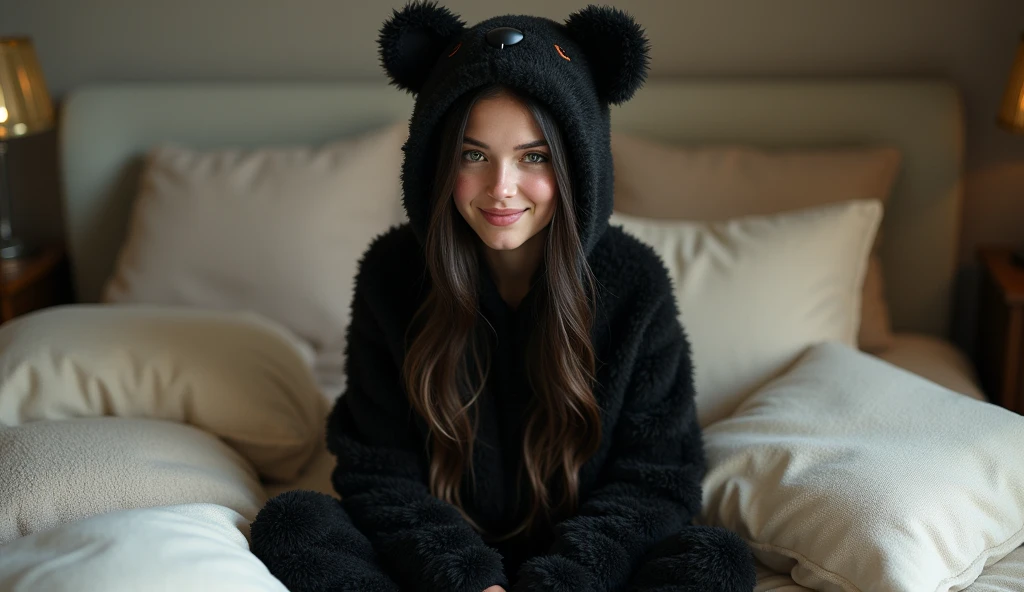 beautiful, (masterpiece), best quality, (extremely detailed face), extremely detailed eyes,  perfect lighting, OverallDetail, detailed, deep skin,textured skin,
,bear costume ,black bear costume, long sleeves, hood up,,mallow , long hair, green eyes, big smile,on bed ,sitting between pillows, aspect ratio 16:9 with black colour mask
,