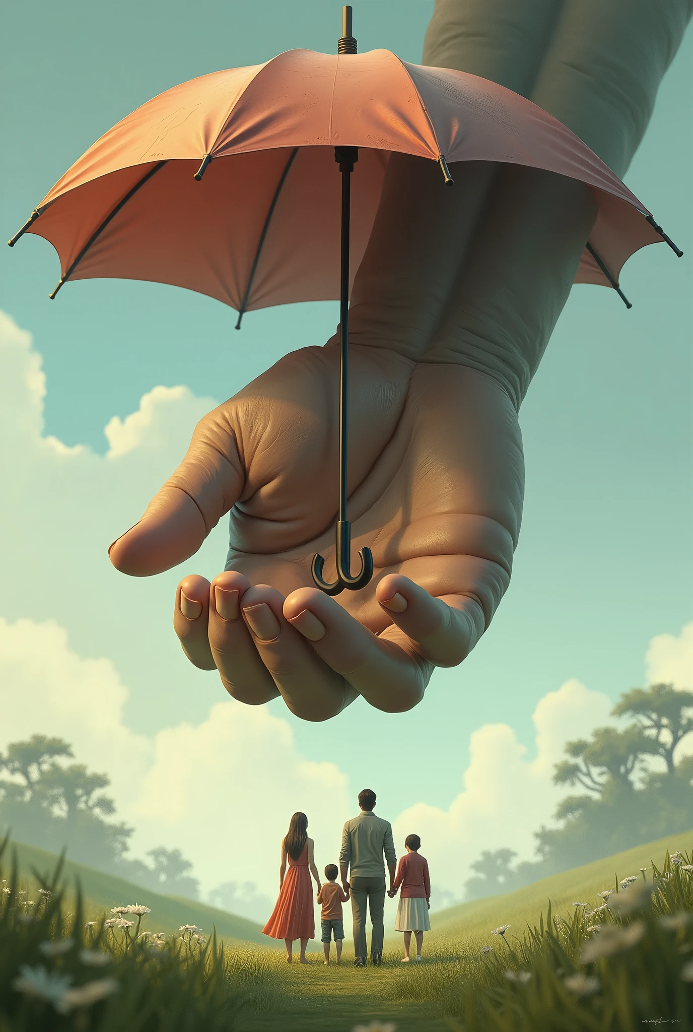 A humongous hand holding up an umbrella overa family of four 