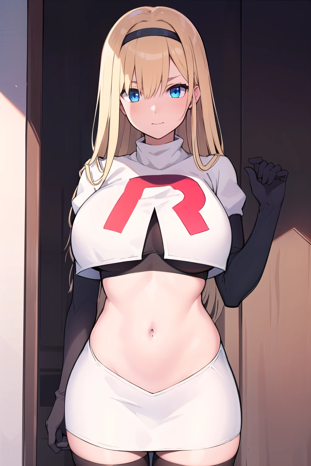 masterpiece, best quality,simple eyes,outdoors,1girl,north carolina,bangs, blonde_hair, blue_eyes,large breasts, eyebrows_visible_through_hair, hairband, long_hair, long_sleeves, looking_at_viewer, team rocket,team rocket uniform,white skirt,red letter R,crop top,black thigh-highs,black elbow gloves