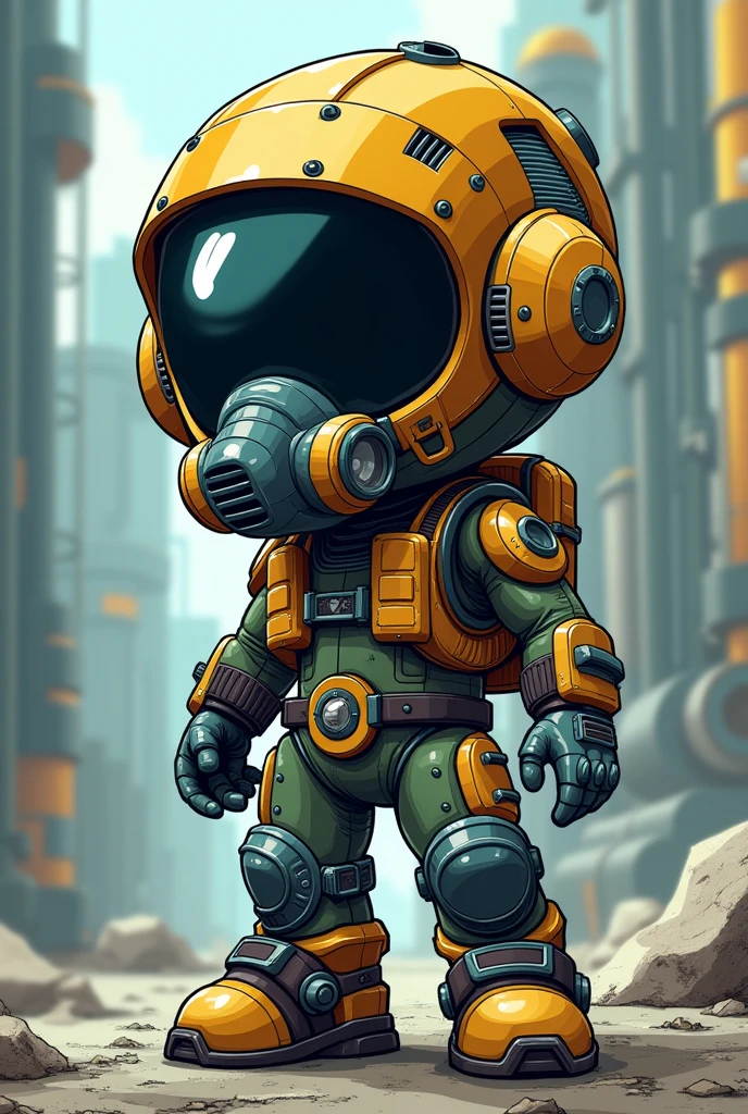 prompt : cartoon drawing style by Akira Toriyama , a character with a futuristic gas mask like another citizen in dragon ball small like Arale's drawing of metal slug