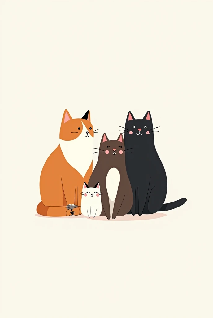 create me a wallpaper of 4 cats together 1 orange with white with lots of hair big 1 big chubby black 1 dark brown with white on its chest big cat 1 only white with black small not so much in minimalist style drawing with white background