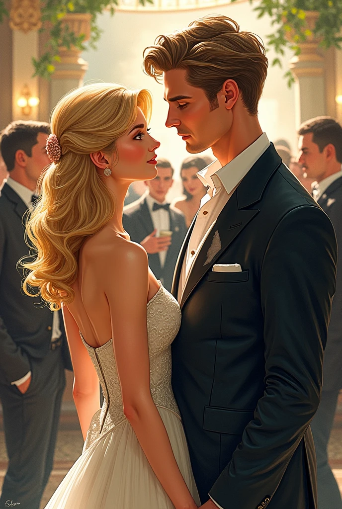 I need a blonde woman and a tall man at a social event. The drawing has to look like it was hand drawn.