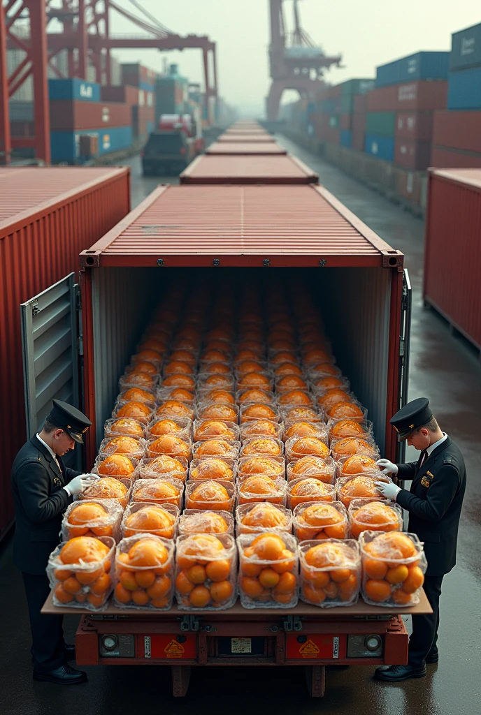 Make an image of a large container that is carrying a load full of small fruit that is wrapped in plastic in organized boxes and that they are inspecting the container to see that it does not have drugs.