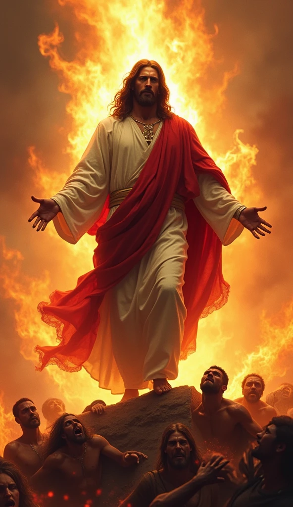 Jesus Christ surrounded by fire, stepping on bad people 