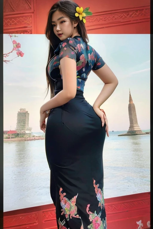 Myanmar girl with attractive curvy full body. Friends full-length bikini,((big ass, high hips)) long hair Background Myanmar Bagan pagodas(♥️ red+black 🖤 dress) reflective long dress painted with flower patterns, only dress. hi gh hips High resolution High resolution natural background High resolution HD 3D, 8K cartoon anime