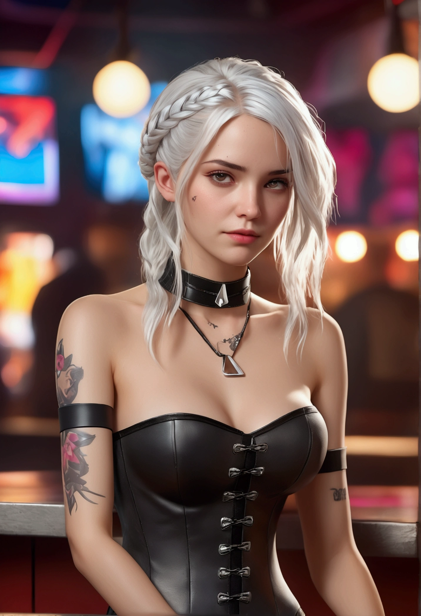 ((Masterpiece, Best Quality, Highest Image Quality, High Resolution, Photorealism, RAW Photos, 8k)), A female game character, 3d Graphics, long white hair, single braid, off-shoulders, corset dress, grunge fashion, gothic choker, panties, in the bar, cyberpunk 2077 background, unreal engine