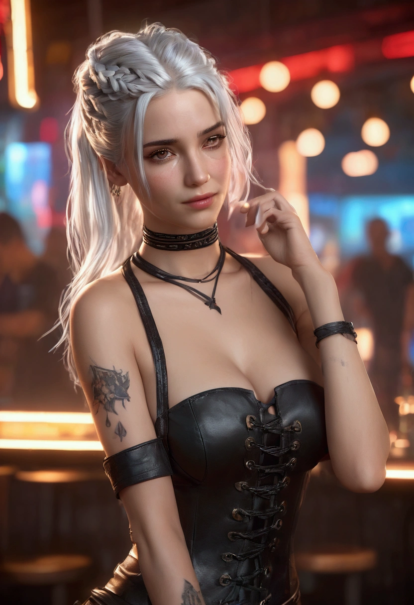 ((Masterpiece, Best Quality, Highest Image Quality, High Resolution, Photorealism, RAW Photos, 8k)), A female game character, 3d Graphics, long white hair, single braid, off-shoulders, corset dress, grunge fashion, gothic choker, panties, in the bar, cyberpunk 2077 background, unreal engine