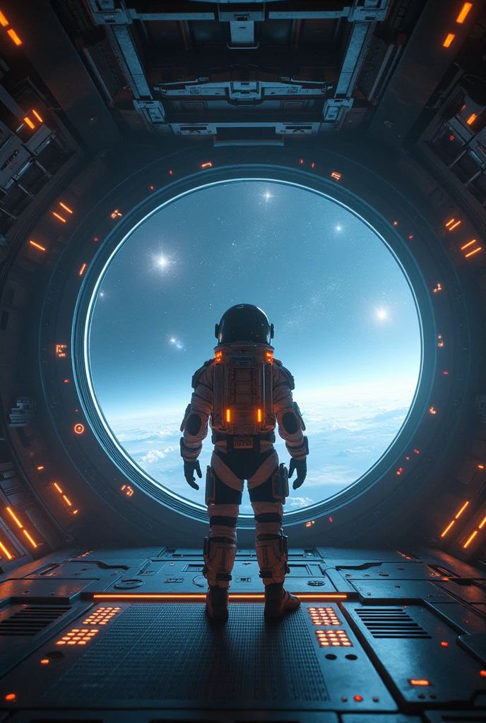 (best quality, 4k, ultra detailed, high resolution, masterpiece: 1.2),Personaje a la Distancia: Hay un personaje visto desde lejos, located at a high observation point. It is small compared to the surroundings, resaltando la magnitud de la nave. The character is equipped with a space suit, with flashing lights and mechanical details.
Vista del Espacio Exterior: Through the openings in the ship, se ve un vasto espacio estrellado. The stars are unevenly distributed, creating variable densities and suggesting the remoteness of some celestial objects.