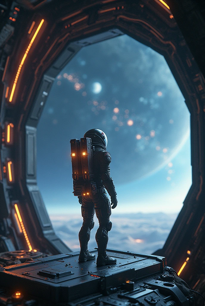 (best quality, 4k, ultra detailed, high resolution, masterpiece: 1.2),Personaje a la Distancia: Hay un personaje visto desde lejos, located at a high observation point. It is small compared to the surroundings, resaltando la magnitud de la nave. The character is equipped with a space suit, with flashing lights and mechanical details.
Vista del Espacio Exterior: Through the openings in the ship, se ve un vasto espacio estrellado. The stars are unevenly distributed, creating variable densities and suggesting the remoteness of some celestial objects.