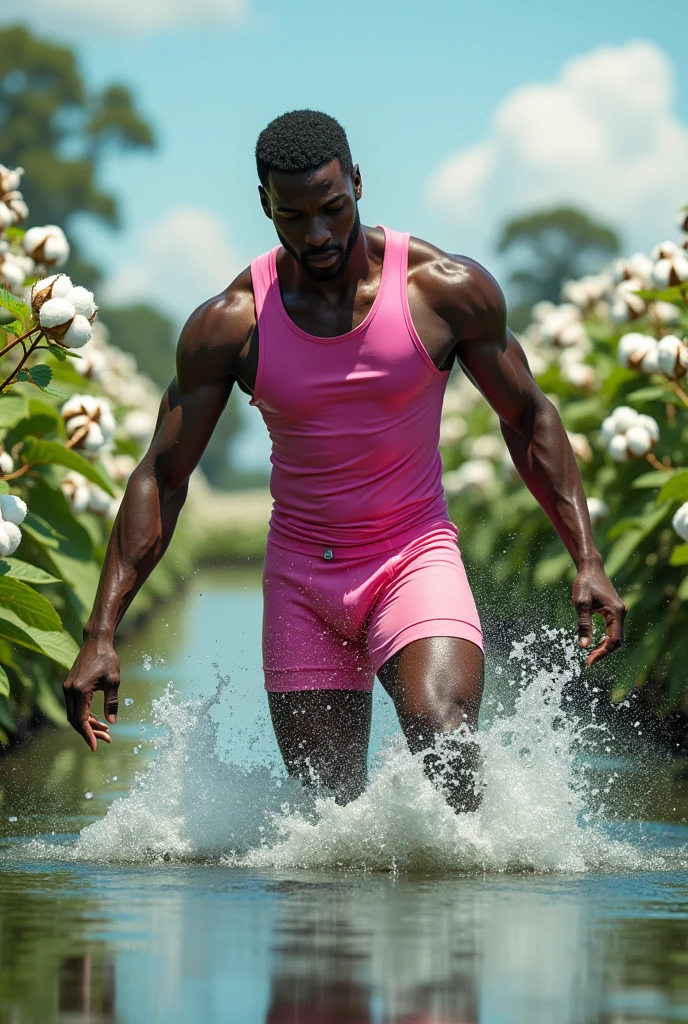 A black man wearing a tight pink tank top and tight underwear went to pick cotton but tripped and fell into the water.
