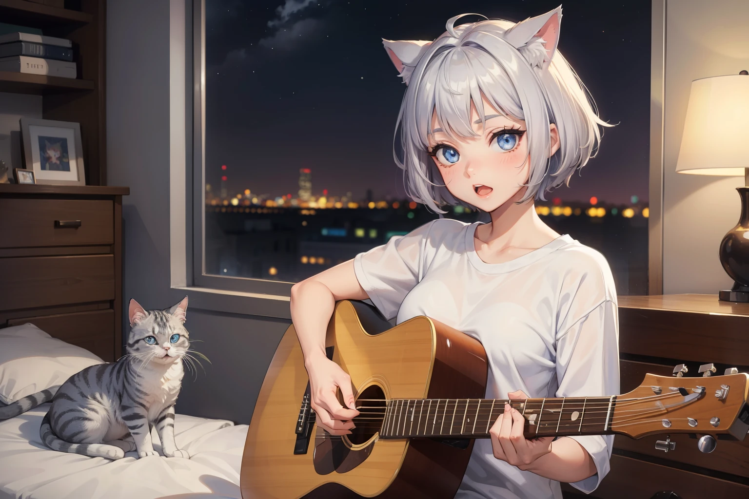 (masterpiece, best quality, High quality) BREAK (perfect anatomy), (expressive eyes, perfect face), 1girl, grey cat ears:1.6, medium hair, grey hair:1.6, pixie cut, big eyes, perfect eyes, blue eyes, eyes half-closed, thick eyelashes, thin eyebrow, short height, slim bulid, singing, open mouth, blush, medium breasts BREAK character wearing only very long white t-shirt, (bedroom), character sitting on left side of bed, holding acoustic guitar, playing guitar, (a cat sleeping on right side of character) BREAK (night time), full body, view from the front, character looking at the cat,