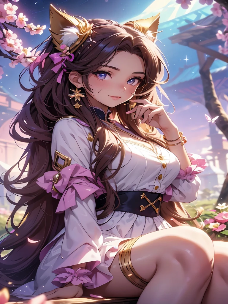 (best quality,4k,8k,highres,masterpiece:1.2),ultra-detailed,(realistic,photorealistic,photo-realistic:1.37),acrylic painting,beautiful Brazilian model in a uniform outfit with downy hair,beautiful Brazilian model with extremely colorful brown hair and detailed facial features,beautiful Brazilian model standing in a beautiful garden surrounded by a starry sky,brown hair,beautiful Brazilian model wearing a vibrant pink and teal uniform outfit,beautiful Brazilian model with intricate accessories,cat ears, ,beautiful Brazilian model with long flowing twintails,beautiful Brazilian model with bright brown eyes and rosy lips,beautiful Brazilian model with a joyful expression,beautiful Brazilian model in a dynamic pose with cherry blossoms falling around her,beautiful Brazilian model surrounded by colorful flowers and butterflies,beautiful Brazilian model's school uniform outfit adorned with cute bows and lace details,beautiful Brazilian model with an enchanting smile,beautiful Brazilian model with soft, pastel-colored shading,beautiful Brazilian model with a magical glow illuminating her,beautiful Brazilian model in a picturesque setting with a winding path leading to a magnificent castle,beautiful Brazilian model with a fairytale-like background,beautiful Brazilian model with a soft, dreamy atmosphere,beautiful Brazilian model with a subtle bokeh effect,beautiful Brazilian model standing under a sunny sky,beautiful Brazilian model with a warm, golden sunset in the background,beautiful Brazilian model surrounded by twinkling stars and colorful nebulae,creating an ethereal and captivating artistic masterpiece, sitting down, facing camera, uniform outfit