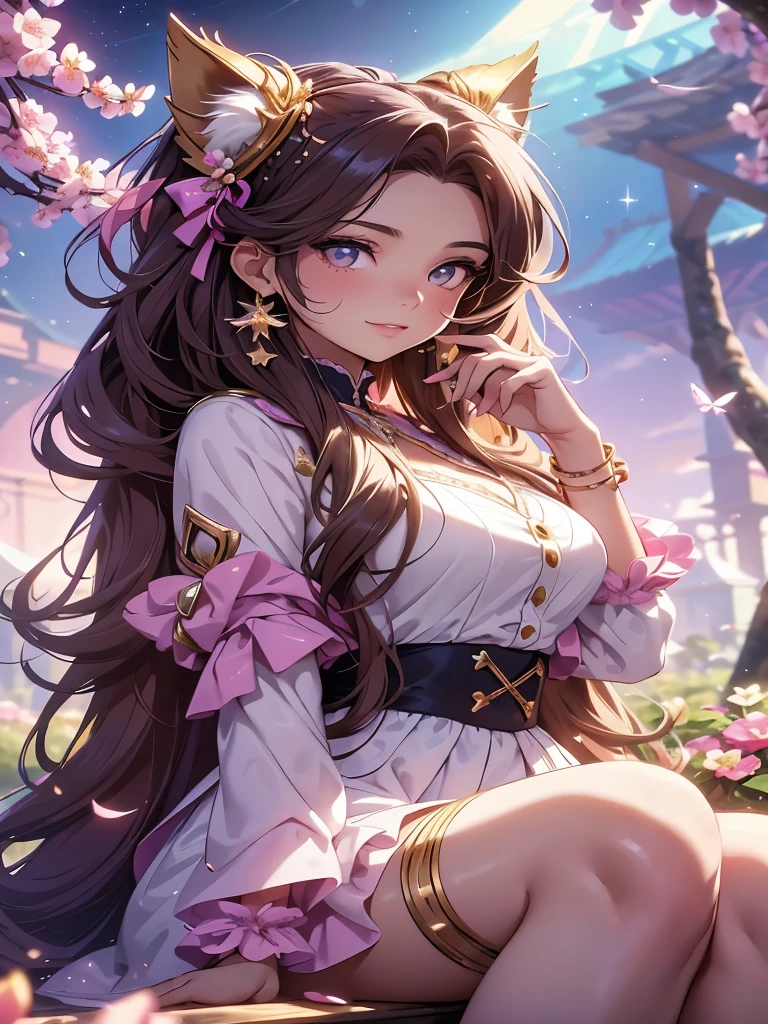 (best quality,4k,8k,highres,masterpiece:1.2),ultra-detailed,(realistic,photorealistic,photo-realistic:1.37),acrylic painting,beautiful Brazilian model in a uniform outfit with downy hair,beautiful Brazilian model with extremely colorful brown hair and detailed facial features,beautiful Brazilian model standing in a beautiful garden surrounded by a starry sky,brown hair,beautiful Brazilian model wearing a vibrant pink and teal uniform outfit,beautiful Brazilian model with intricate accessories,cat ears, ,beautiful Brazilian model with long flowing twintails,beautiful Brazilian model with bright brown eyes and rosy lips,beautiful Brazilian model with a joyful expression,beautiful Brazilian model in a dynamic pose with cherry blossoms falling around her,beautiful Brazilian model surrounded by colorful flowers and butterflies,beautiful Brazilian model's school uniform outfit adorned with cute bows and lace details,beautiful Brazilian model with an enchanting smile,beautiful Brazilian model with soft, pastel-colored shading,beautiful Brazilian model with a magical glow illuminating her,beautiful Brazilian model in a picturesque setting with a winding path leading to a magnificent castle,beautiful Brazilian model with a fairytale-like background,beautiful Brazilian model with a soft, dreamy atmosphere,beautiful Brazilian model with a subtle bokeh effect,beautiful Brazilian model standing under a sunny sky,beautiful Brazilian model with a warm, golden sunset in the background,beautiful Brazilian model surrounded by twinkling stars and colorful nebulae,creating an ethereal and captivating artistic masterpiece, sitting down, facing camera, uniform outfit 