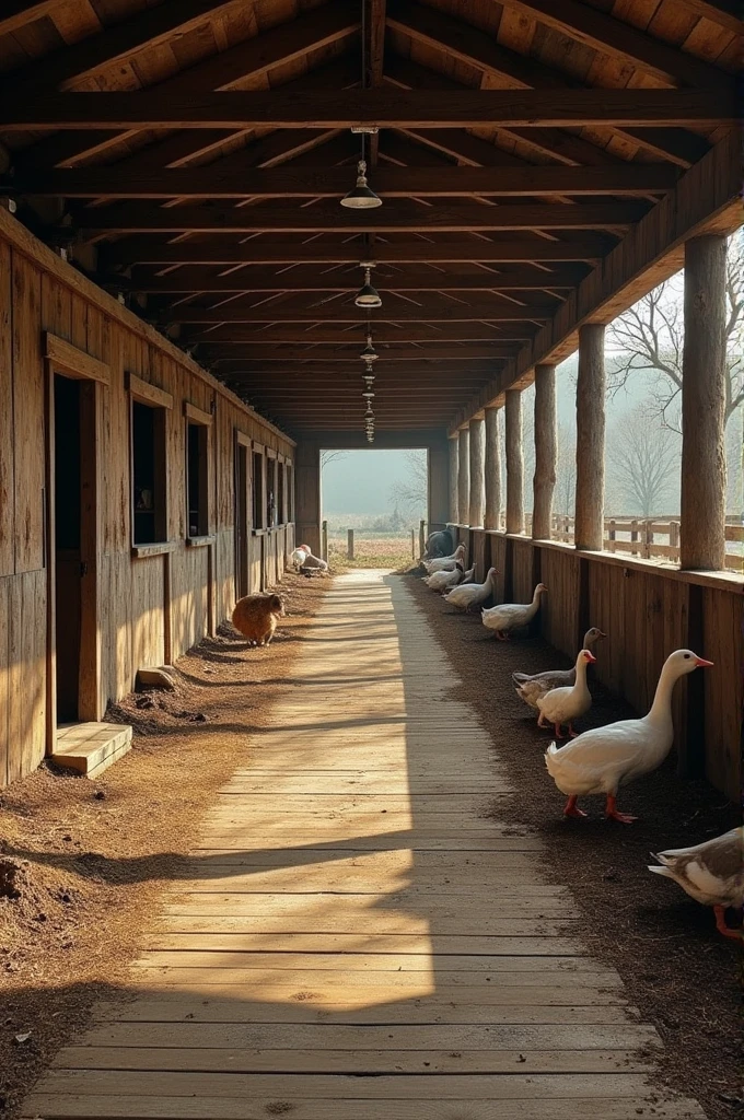 A old barn with stables for cows and goats and a structure for ducks