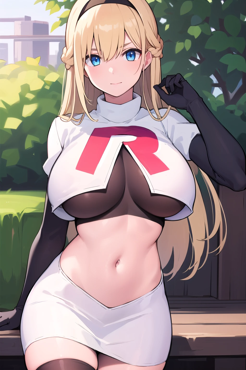 masterpiece, best quality,simple eyes,outdoors,1girl,north carolina,bangs, blonde_hair, blue_eyes,large breasts, eyebrows_visible_through_hair, hairband, long_hair, long_sleeves, looking_at_viewer, team rocket,team rocket uniform,white skirt,red letter R,crop top,black thigh-highs,black elbow gloves