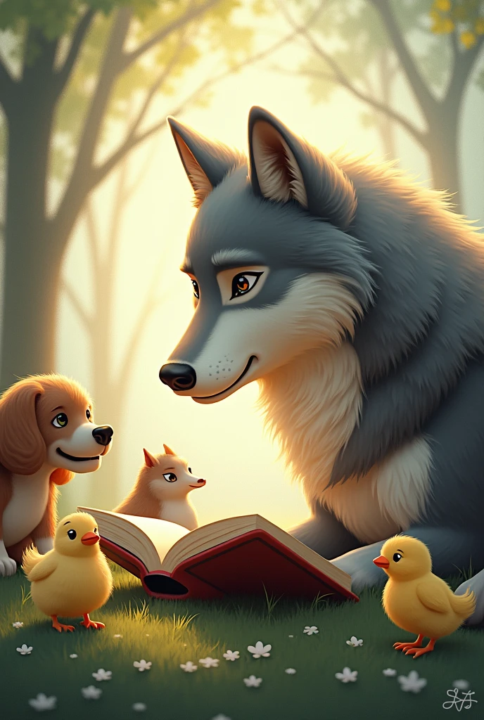 Create an image where a wolf is reading and a chick and a horse and a dog are paying attention to him while the wolf is reading Horizontal image
