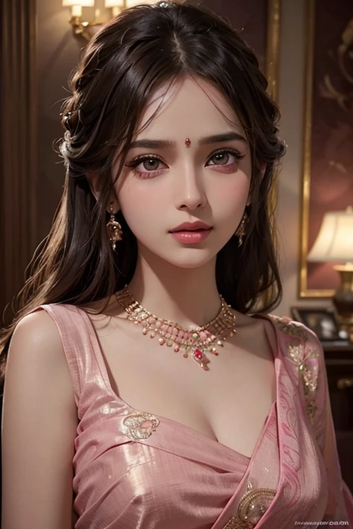 A gorgeous woman wearing an elegant pink saree, looking shyly at the viewer, detailed face, long eyelashes, beautiful eyes, detailed lips, intricate saree patterns, luxurious jewelry, soft lighting, photorealistic, highly detailed, 4k, cinematic composition, dramatic color palette, masterpiece