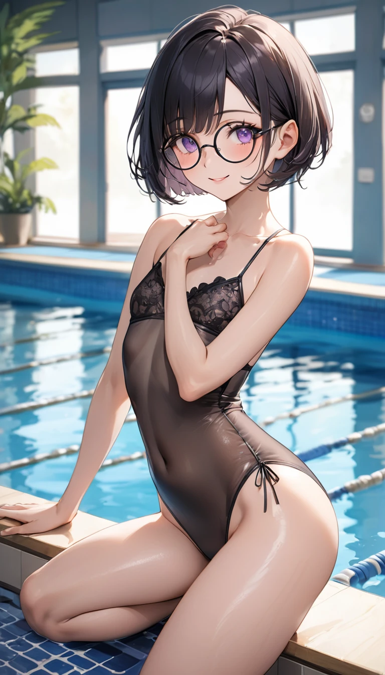 Highest quality、Best image quality、masterpiece、独奏, a girl、Beautiful Eyes、black hair, purple eyes、Short bob cut、(sideburns), middle part, (flat chest)、slender、Tight waist、Round Glasses、Beautiful Face、Natural smile、red cheek、sheer swimsuit, Indoor pool、sexy pose, bewitching pose, Model Pose, dynamic angle