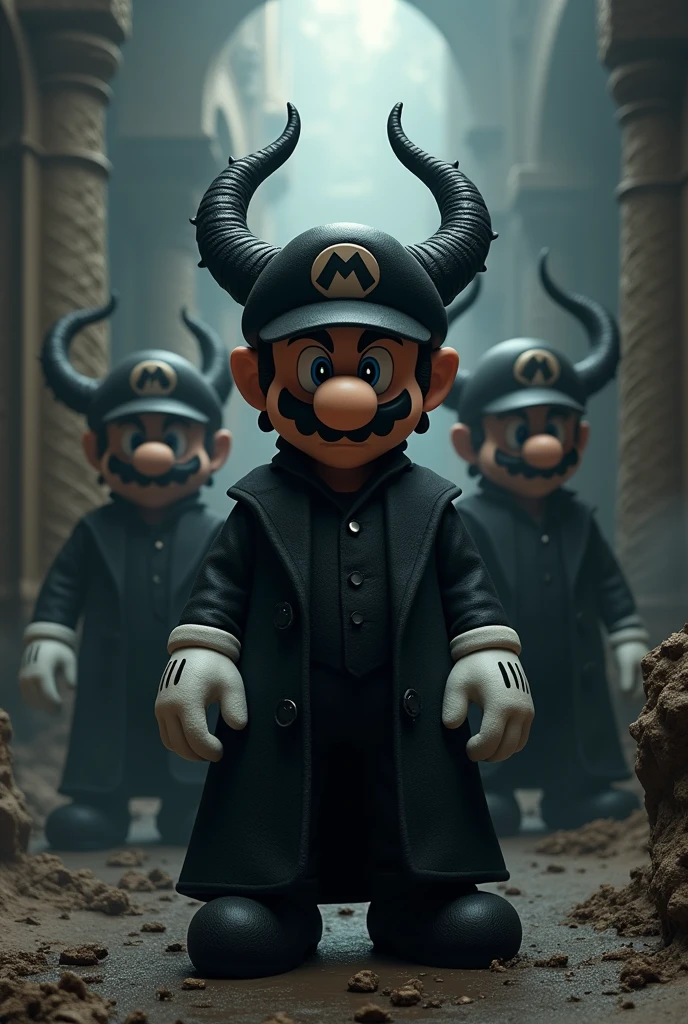 evil mario bros with horns ,black clothes in video game level, 3D ,video game type,in video game world,Whole body ,high resolution high detail cinematic volumetric