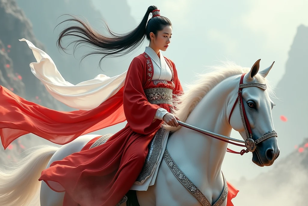 Chinese martial arts war scenes, Chinese girl in red robe, Chinese ink painting style, Martial Arts Styles, weapon lance white riding white horse riding, Wind and smoke，Weapon，White Chinese clothing armor, White cape, Scapula, helmet, Black Hair, Ponytail