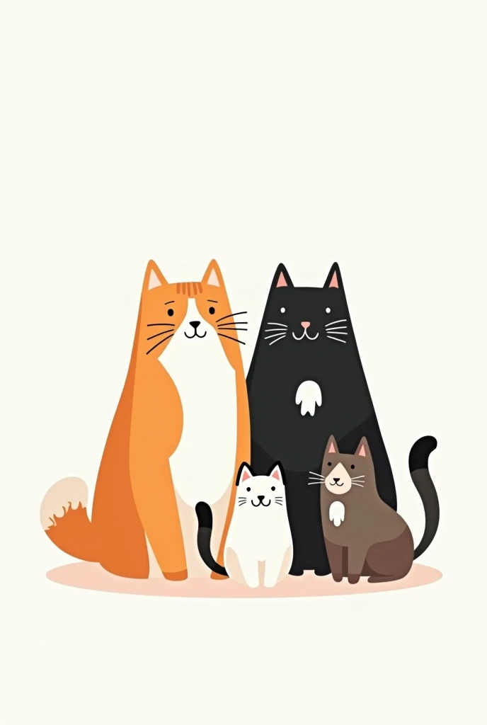 create me a wallpaper of 4 cats together 1 orange with white with lots of hair big 1 big chubby black 1 dark brown with white on its chest big cat 1 only white with black small not so much in minimalist style drawing with white background