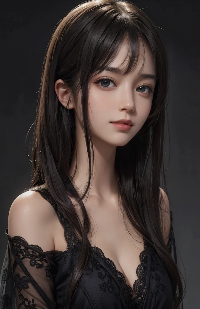 (Ultra Realistic), (Illustration), (Increased Resolution), (8K), (Extremely Detailed), (Best Illustration), (Beautiful and Detailed Eyes), (Best Quality), (Ultra Detailed), (Masterpiece ), ( wallpaper), (detailed face), solo, 1 girl, looking at viewer, fine details, detailed face, in the dark, deep shadows, low key, pureerosfaceace_v1, smiling, long hair, black shawl straight hair , 46 points oblique bangs