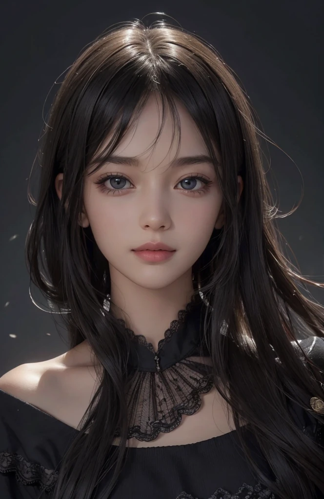 (Ultra Realistic), (Illustration), (Increased Resolution), (8K), (Extremely Detailed), (Best Illustration), (Beautiful and Detailed Eyes), (Best Quality), (Ultra Detailed), (Masterpiece ), ( wallpaper), (detailed face), solo, 1 girl, looking at viewer, fine details, detailed face, in the dark, deep shadows, low key, pureerosfaceace_v1, smiling, long hair, black shawl straight hair , 46 points oblique bangs