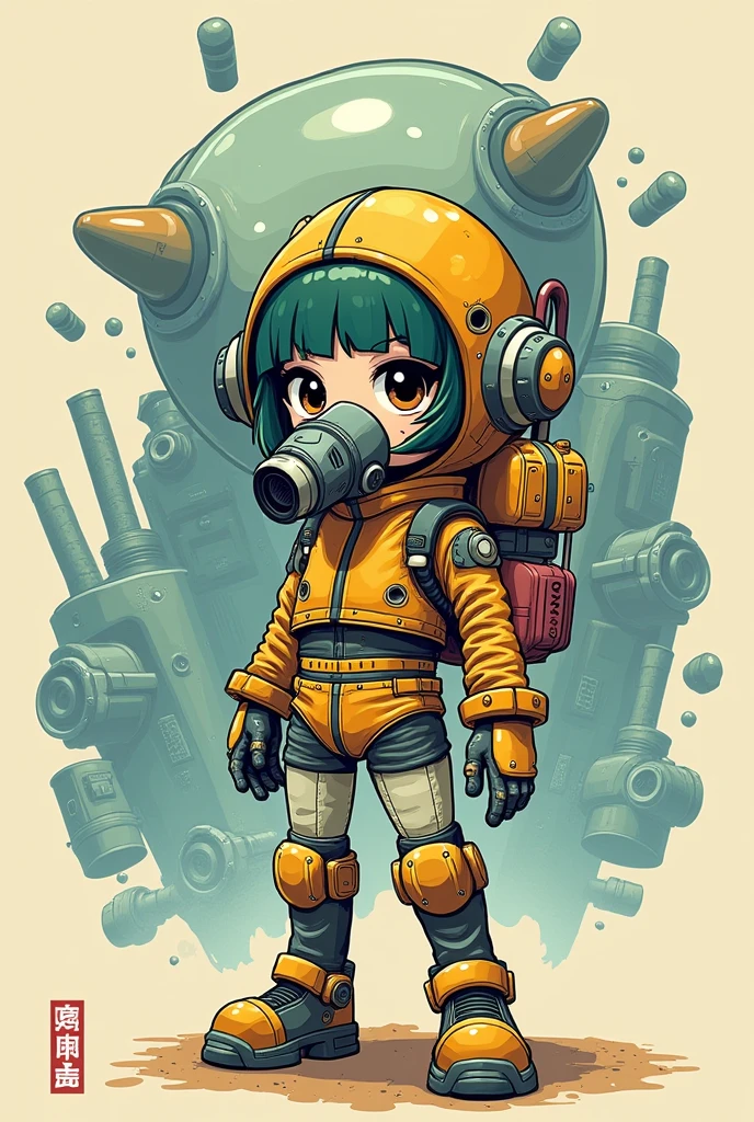 prompt : cartoon drawing style by Akira Toriyama , a character with a futuristic gas mask like any other citizen in dragon ball small like Arale's drawing of metal slug , It's feminine.