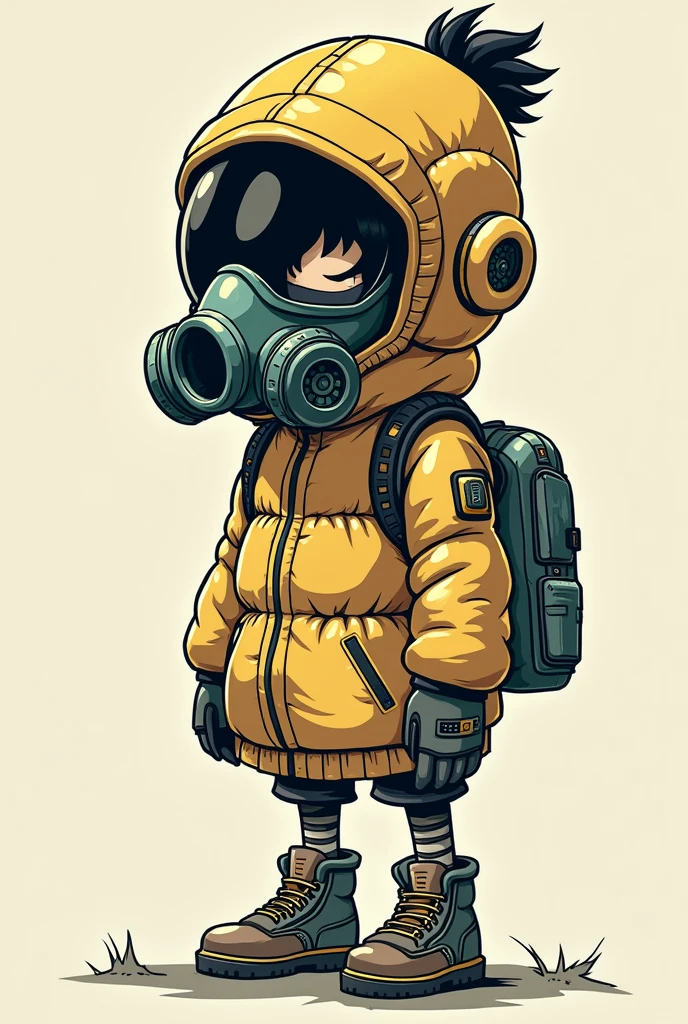 prompt : cartoon drawing style by Akira Toriyama , a character with a futuristic gas mask like any other citizen in dragon ball small like Arale&#39;s drawing of metal slug , It's feminine. 