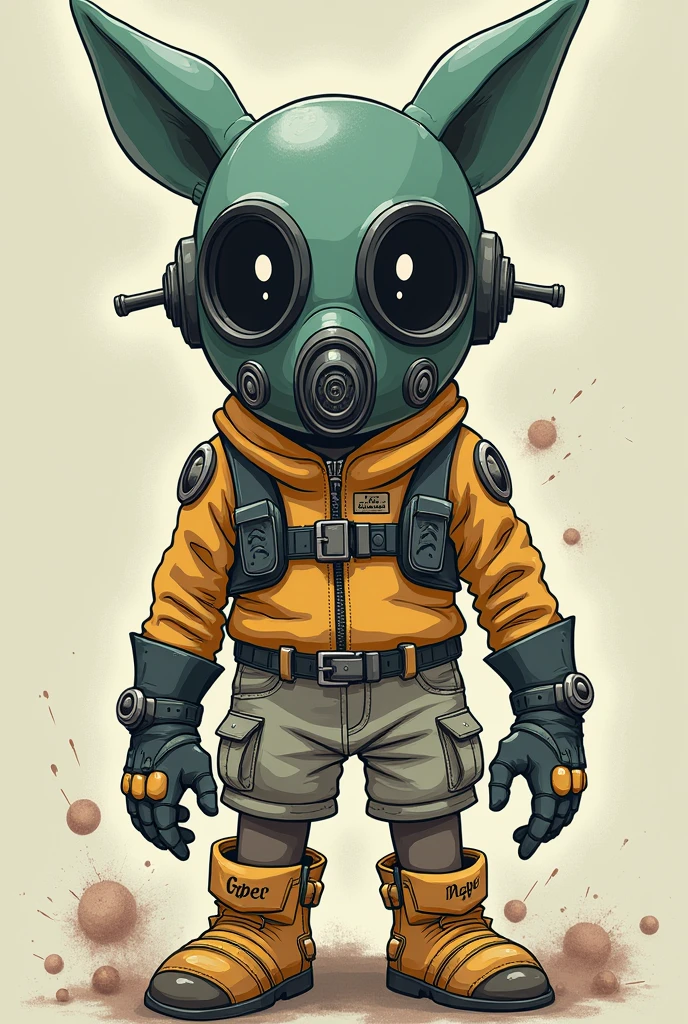 prompt : cartoon drawing style by Akira Toriyama , a character with a futuristic gas mask like any other citizen in dragon ball small like Arale's drawing of metal slug , It's feminine.