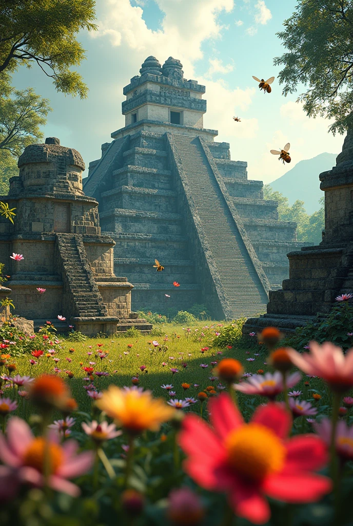 image of tikal, located in peten country of guatemala, with floating bees and flowers.