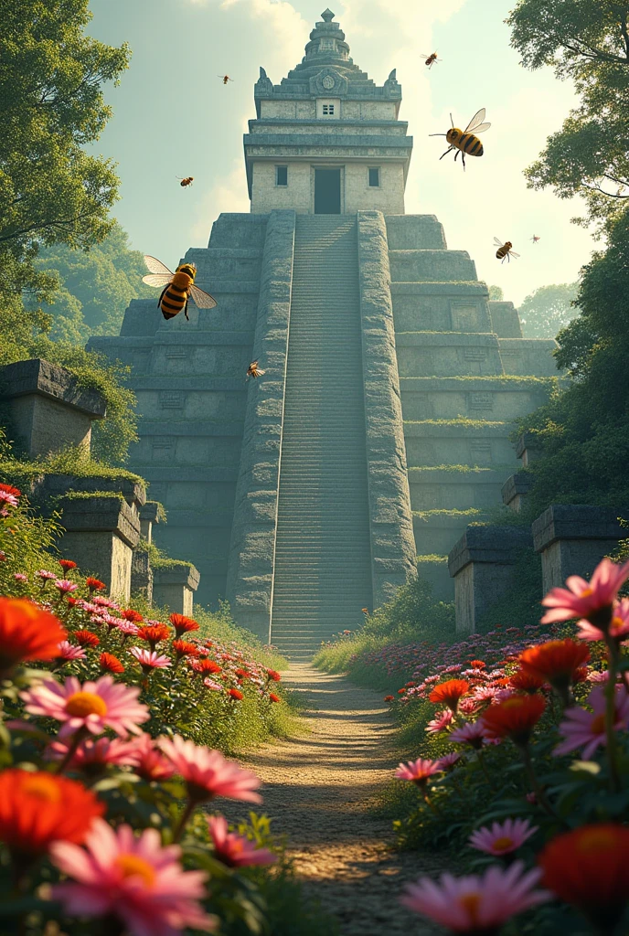 image of tikal, located in peten country of guatemala, with floating bees and flowers.